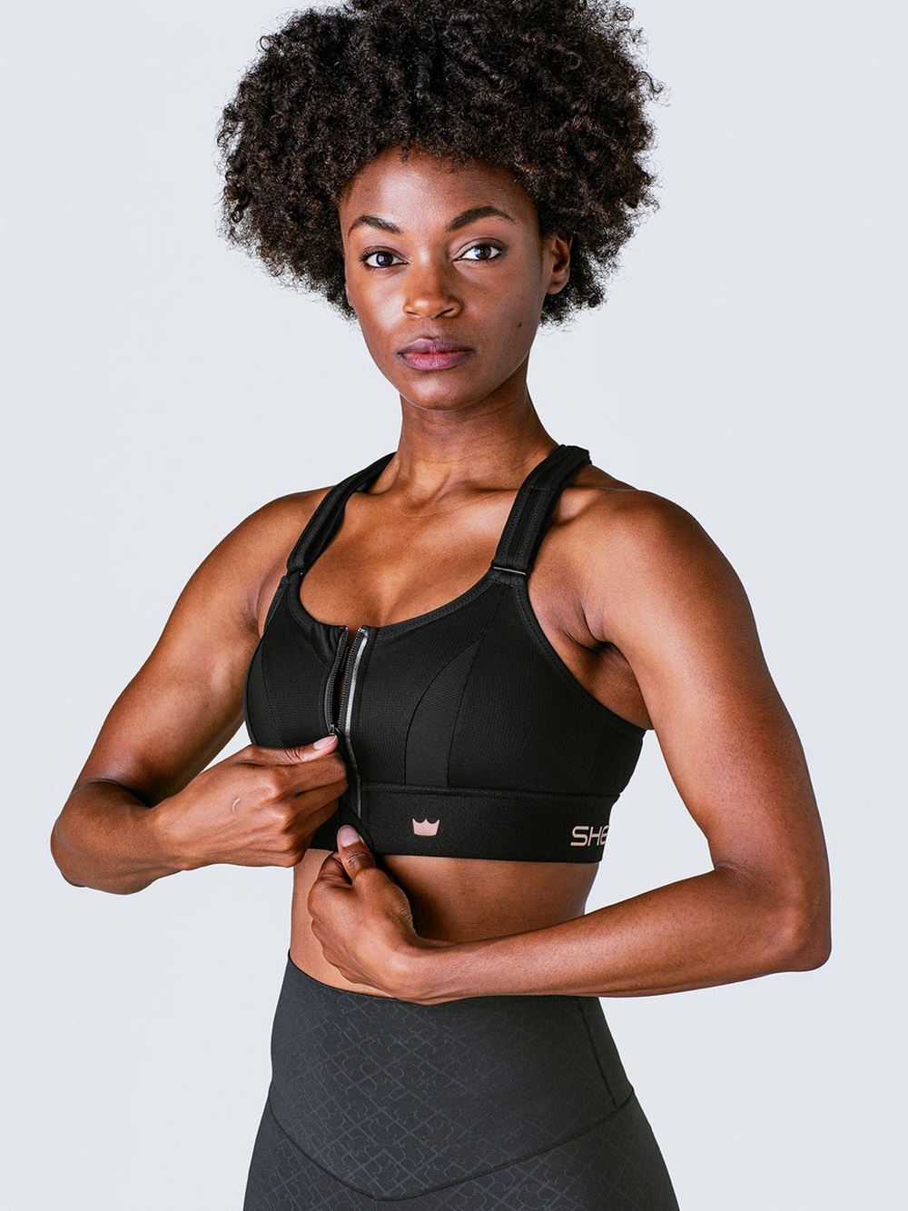 SHEFIT Flex Medium Impact Sports Bra Black Zip Front Adjustable Sz Lux (38-40)
